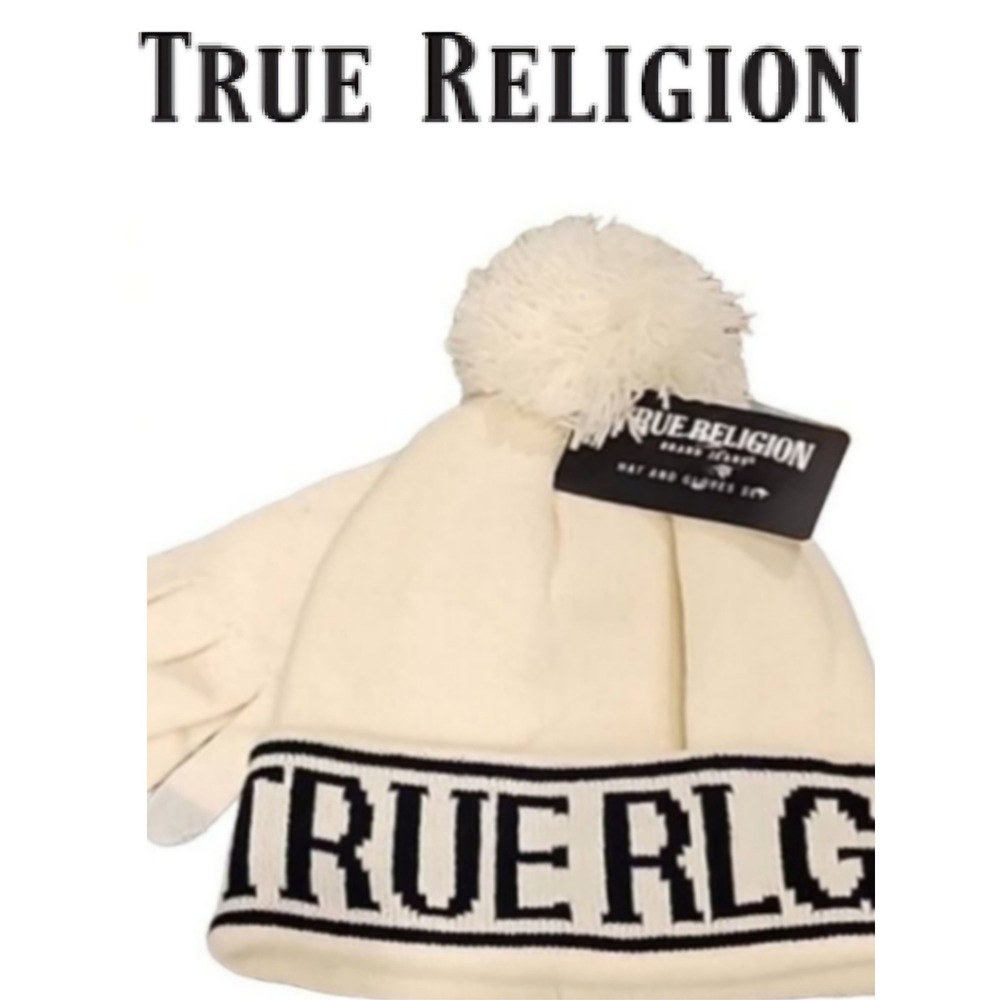 True Religion Logo Pom Beanie & Glove Set